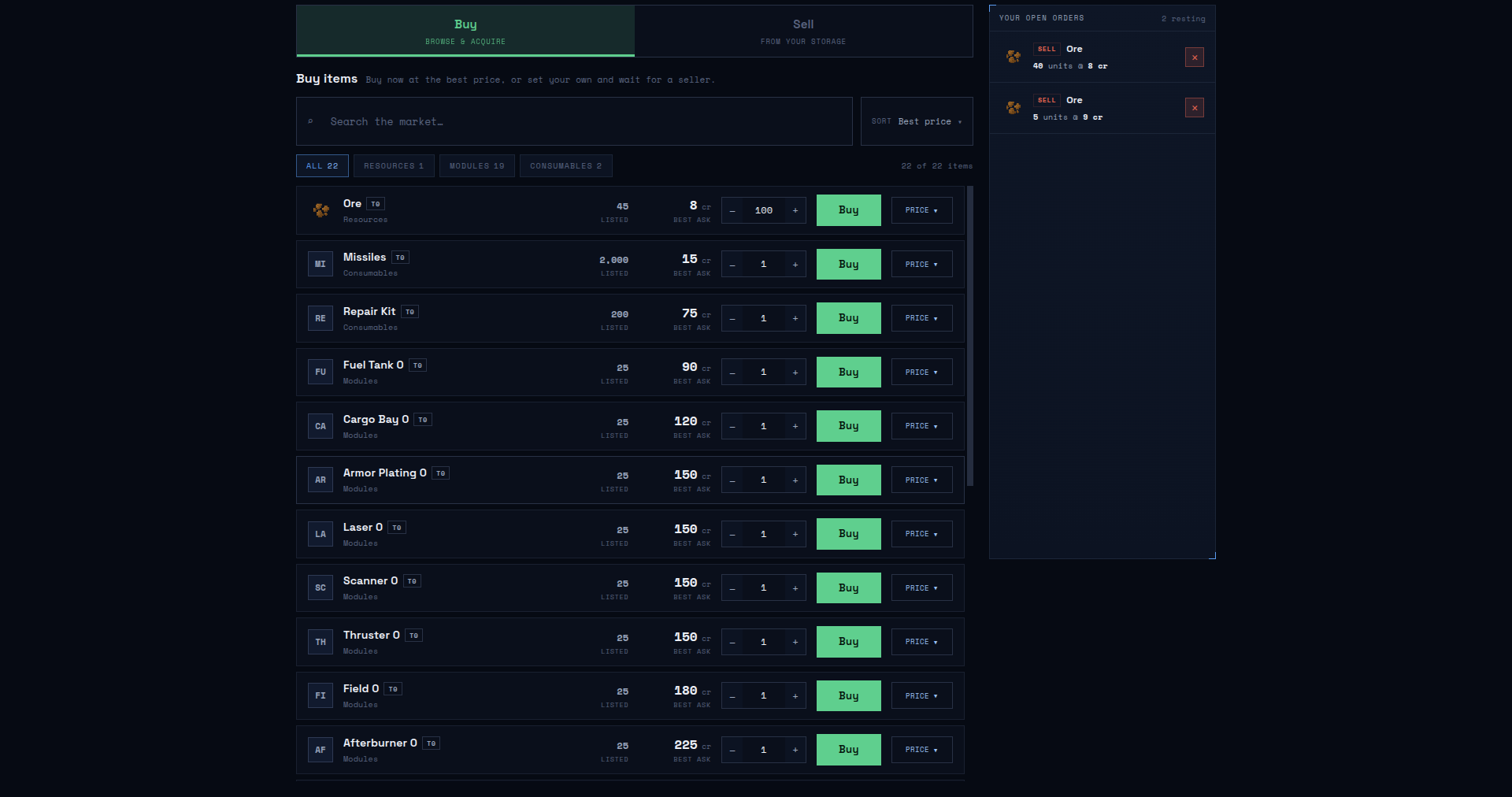 Void Ward's market in Buy mode, with a searchable catalog, the best ask per item, and your open orders down the right