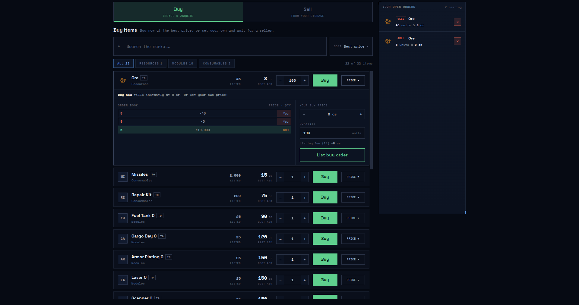 The order book drawer for Ore, showing the player's own sell orders in red, the NOC's floor buy in amber, and the set-your-own-price ticket
