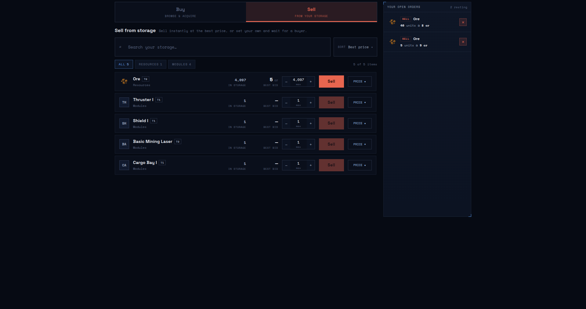 Sell mode lists the contents of your station storage, ready to push onto the book